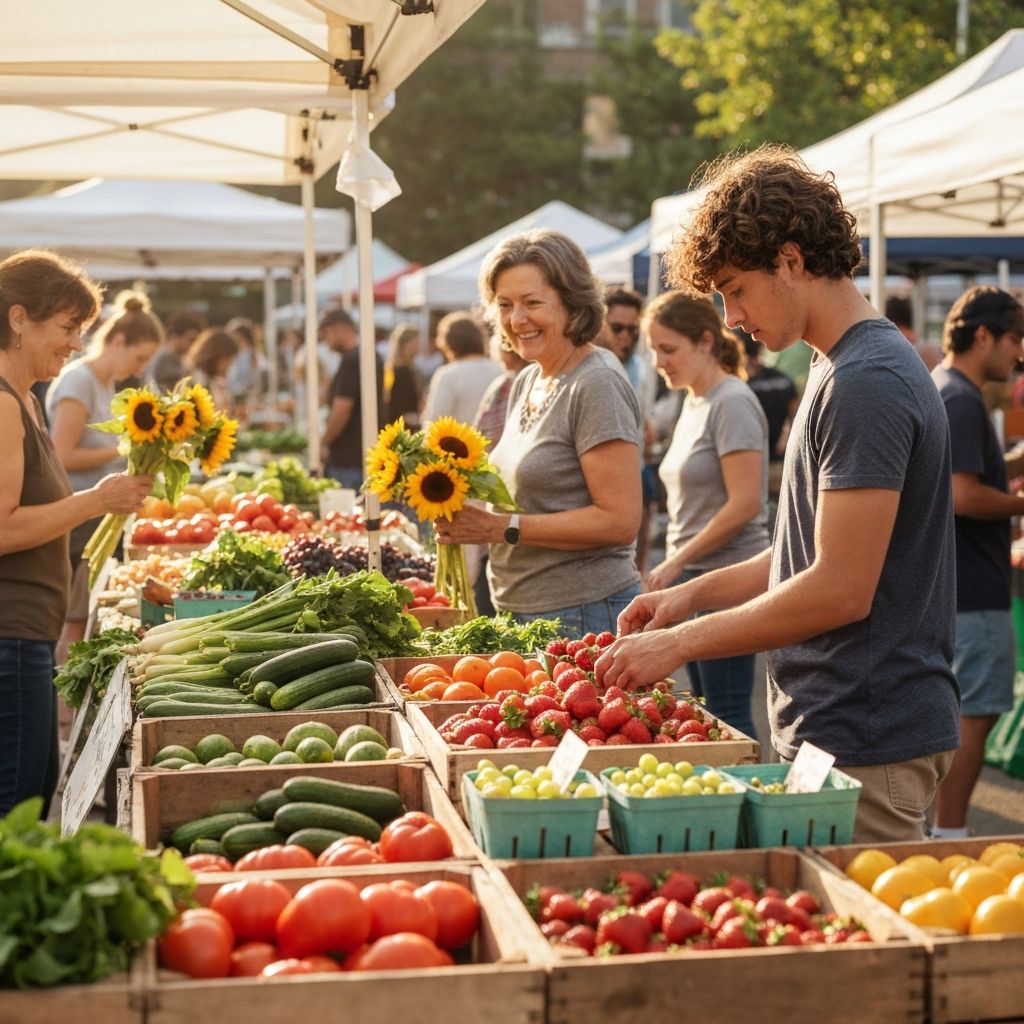 Marktstand mit saisonalen Produkten und frischem Gemüse